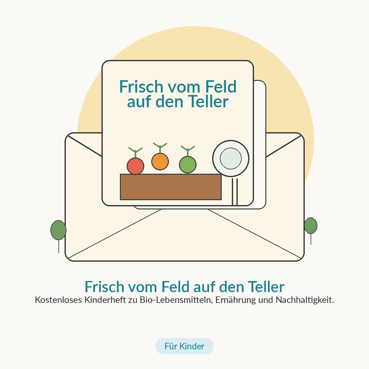 Illustration: Gemüsebeet und Teller – kostenloses Kinderheft zu Bio-Lebensmitteln, Ernährung und Nachhaltigkeit