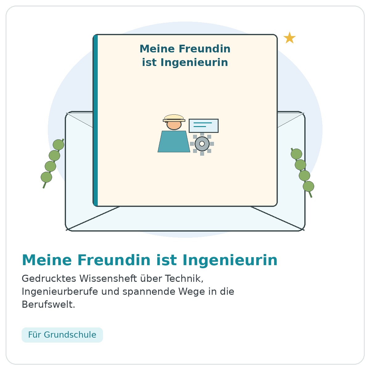 Illustration einer Ingenieurin mit Bauhelm, Plan und Zahnrad – kostenloses Wissensheft zu Technik und Ingenieurberufen