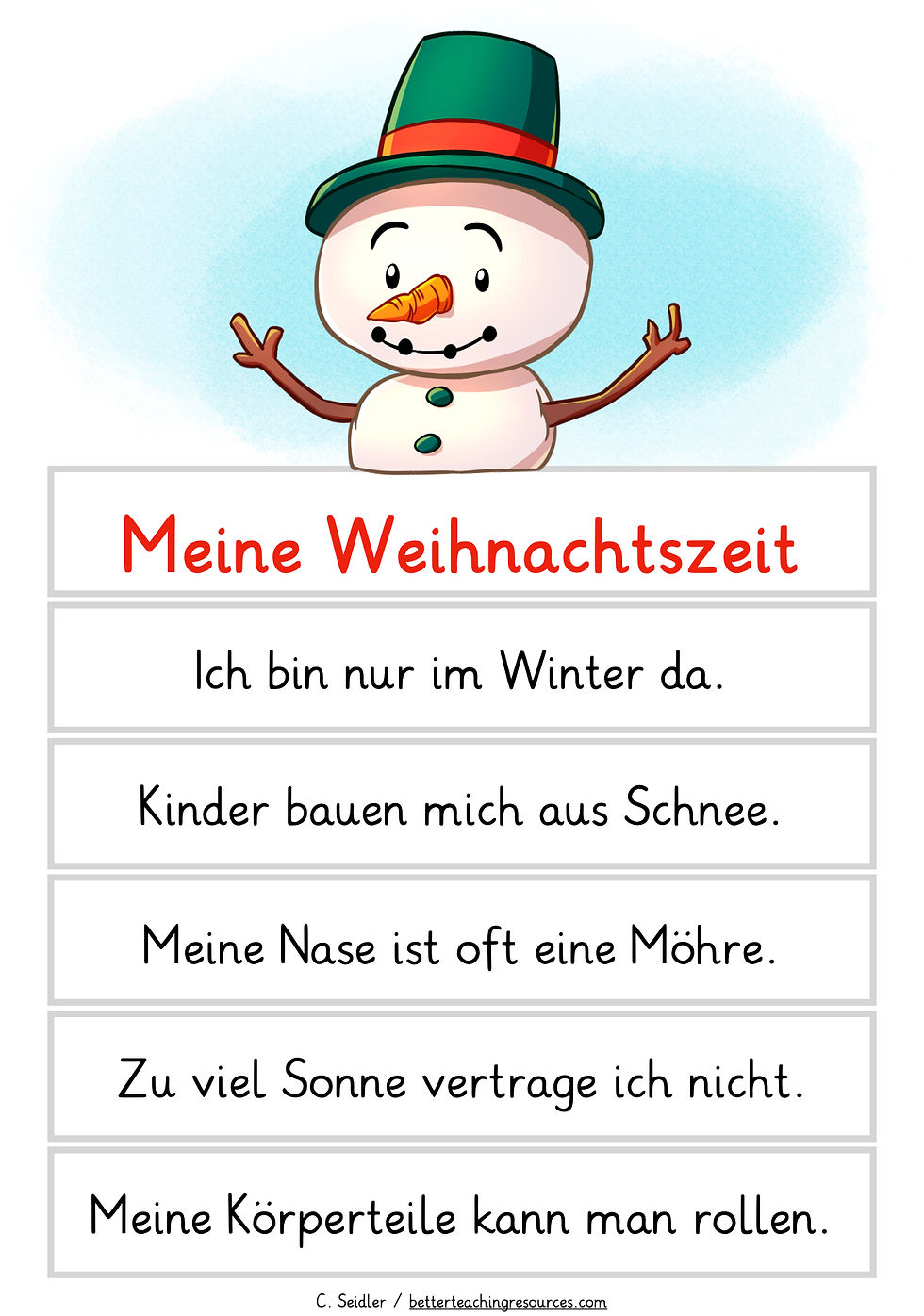 Miniaturbild: Weihnachten Lesen Fördermaterial 2. Klasse Deutsch Spiel für die Nachhilfe Schneemann