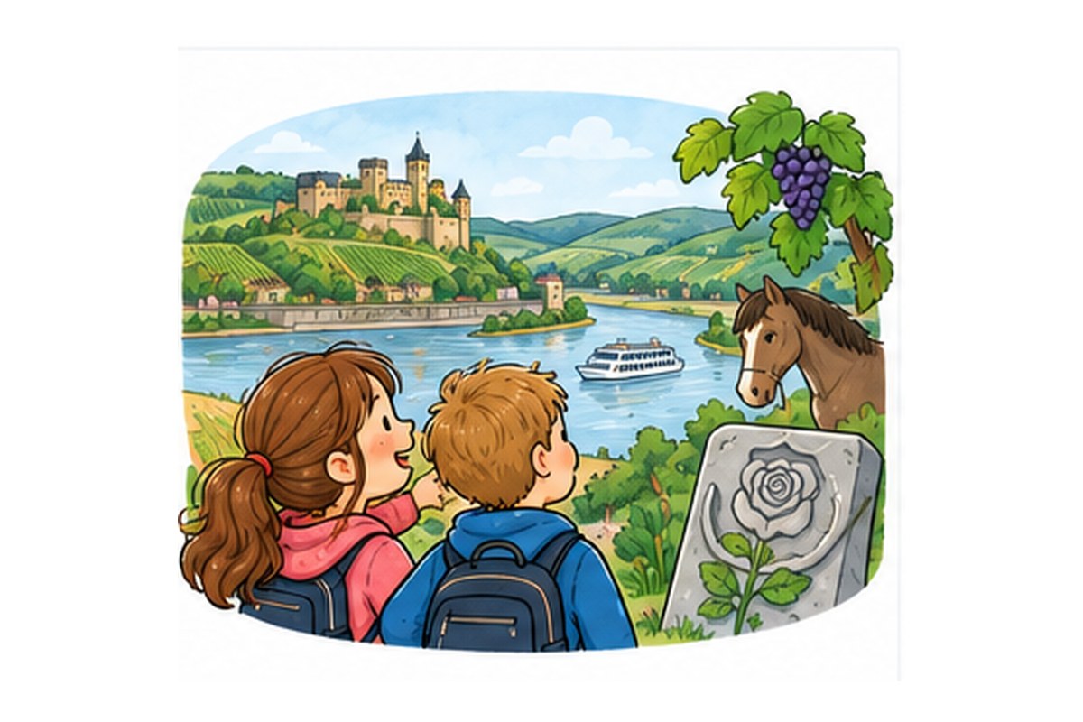 Illustration: Kinder am Rhein mit Pferd und Rose – passend zu „Das Rätsel von Rhein, Ross und Rose“