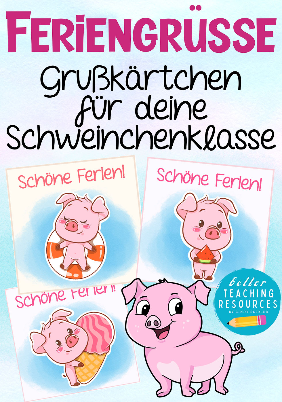 Schweinchenklasse Feriengrüße – kostenlose Vorlage Klassentier Schwein Schweineklasse Klassenmaskottchen Grundschule