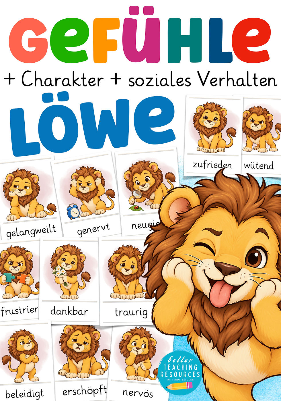 Cover der Gefühlskarten für die Löwenklasse mit einem zwinkernden Löwen und Vorschauen auf Gefühle und soziales Verhalten.