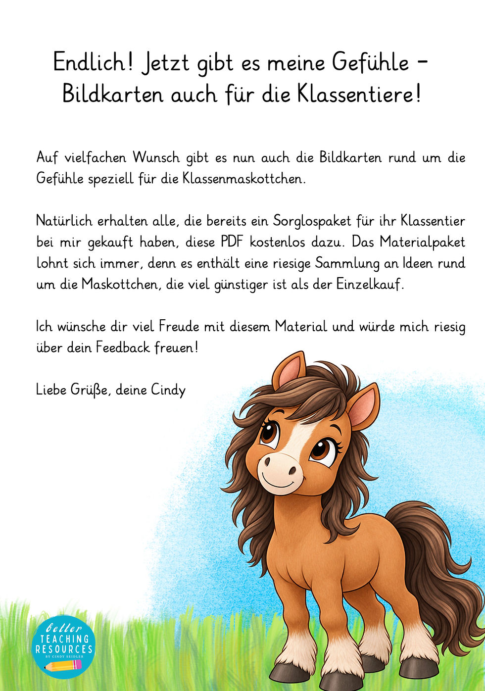 Braunes Pony als Klassentier im Material zu den Gefühlskarten für die Pferdeklasse.