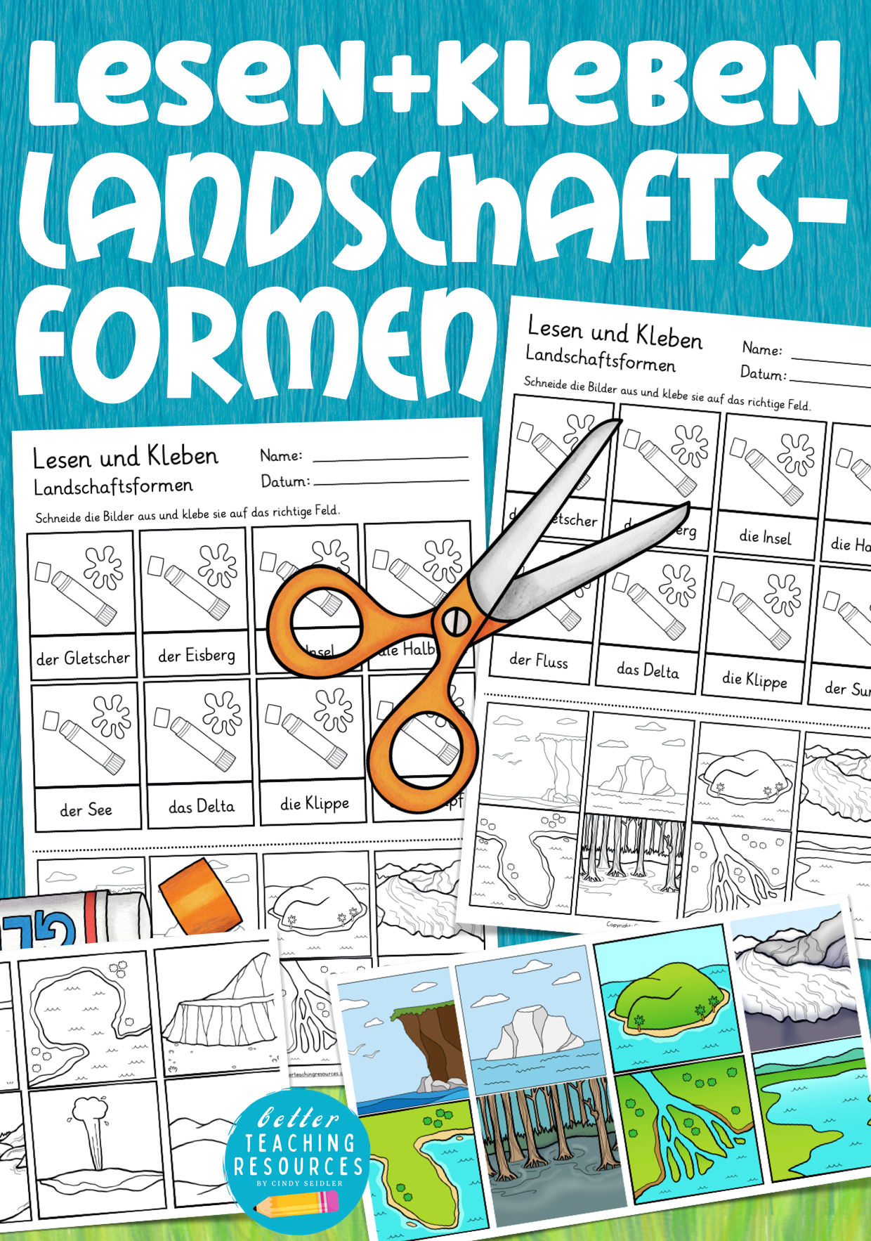 Landschaftsformen und Lebensräume - Lesen und Kleben Wortschatz Spiel für den Sachunterricht und Erdkunde Unterrichtsmaterial