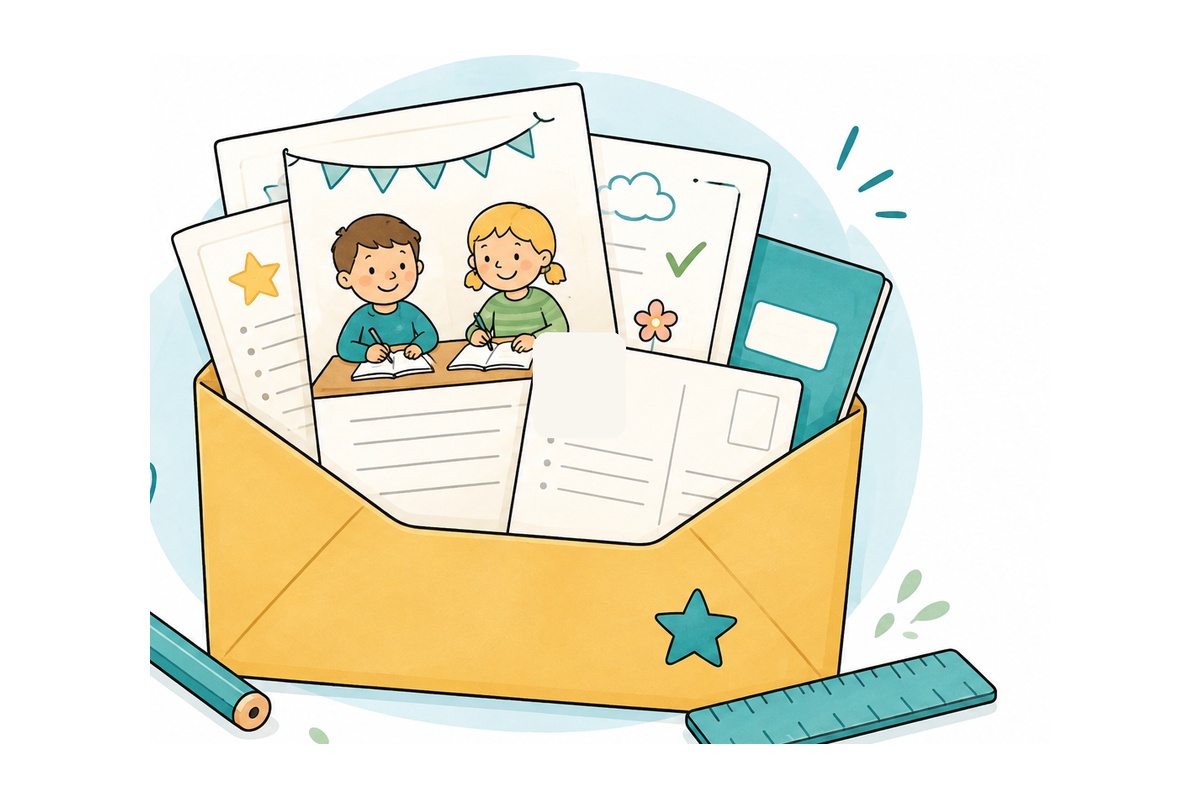 Illustration: Materialmappe mit Arbeitsblättern, Schulheft und Schreibmaterial – passend zum kostenlosen Basispaket Grundschule