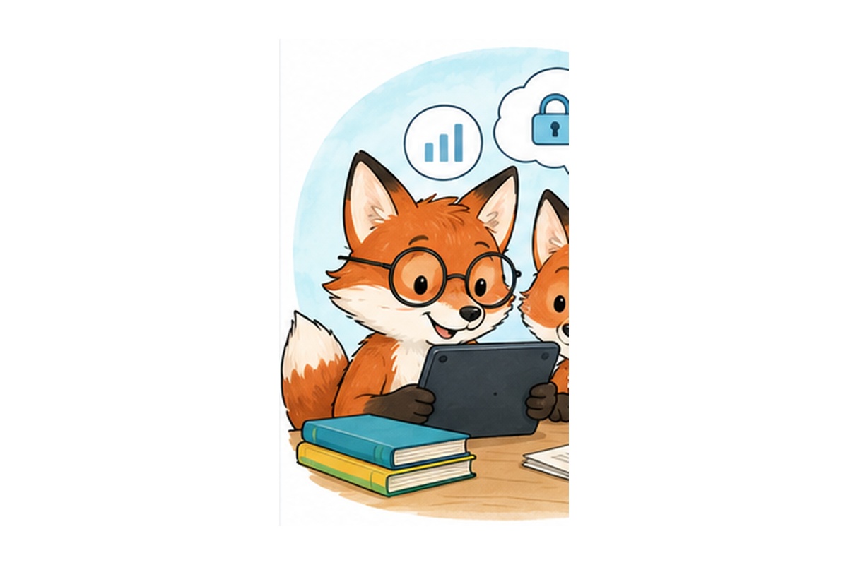 Illustration: neugieriger Fuchs mit Tablet und Datenschutz-Symbolen – passend zum Pixi-Buch „Aber warum?!“