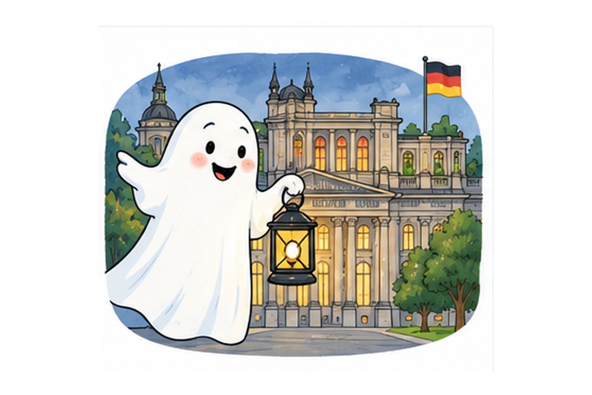 Illustration: freundliches Gespenst vor einem Landtagsgebäude bei Nacht – passend zu „Gespenstische Hilfe aus dem Landtag“