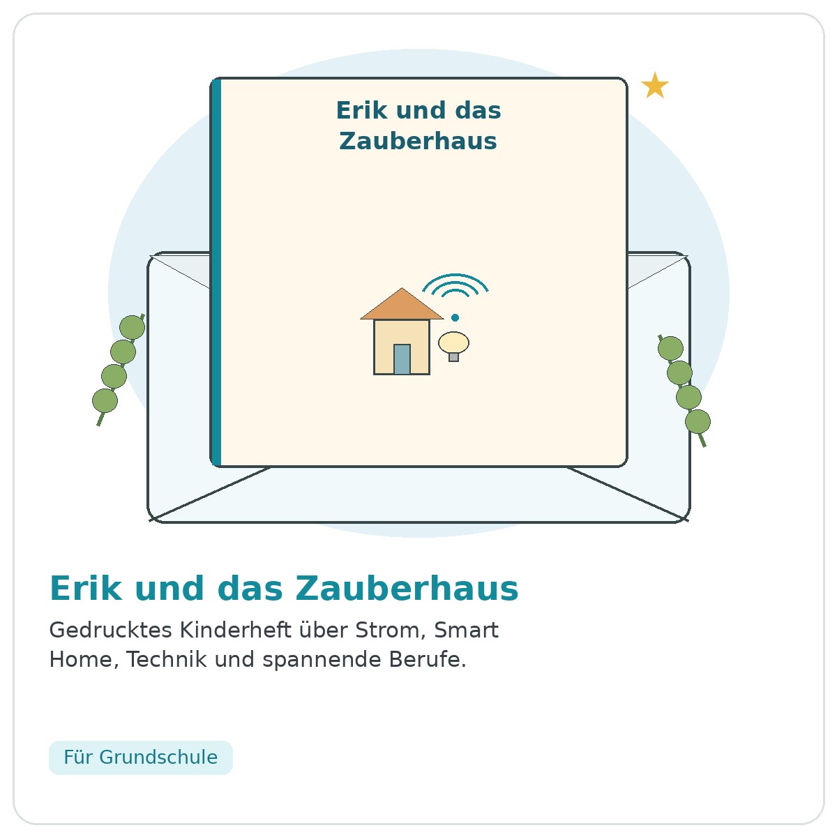 Illustration zu Erik und das Zauberhaus mit Haus, Licht und Smart-Home-Symbol – gedrucktes Kinderheft zu Strom und Technik