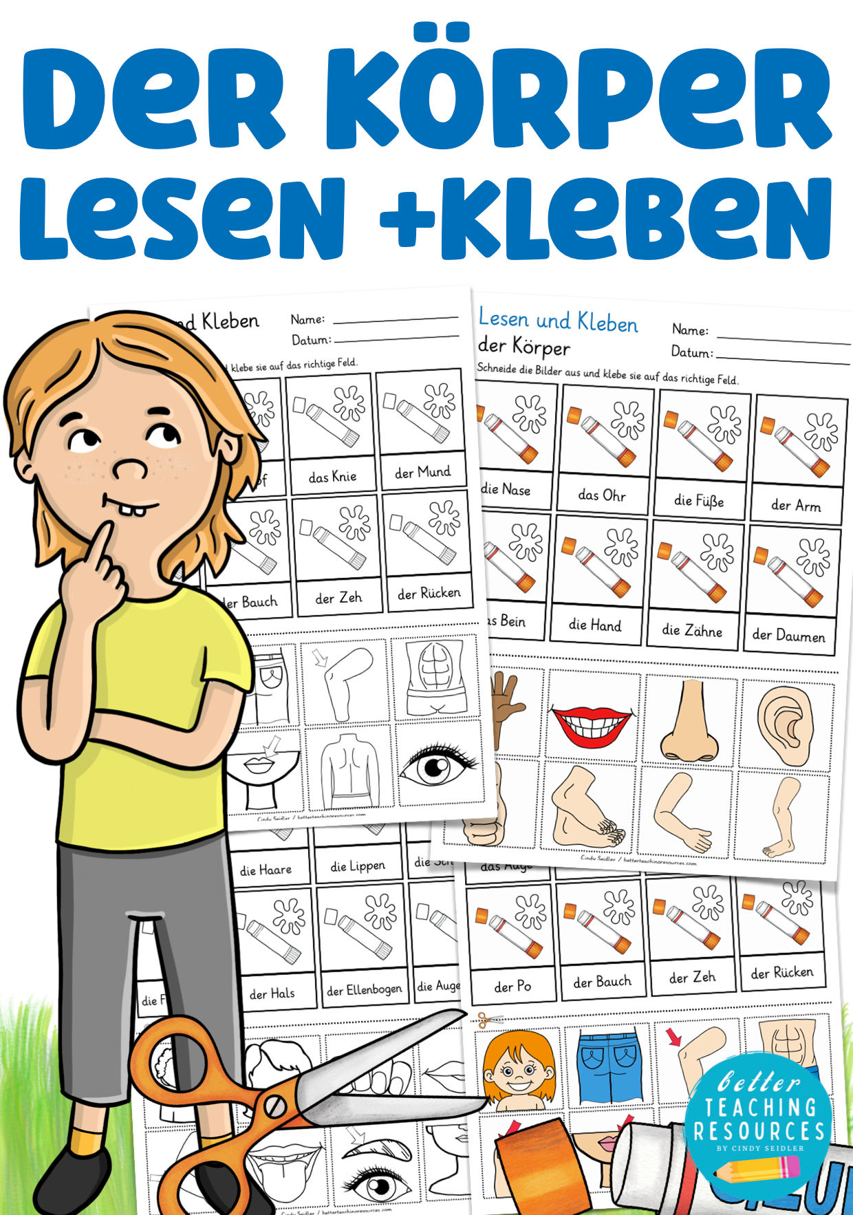 Körperteile - Lesen und Kleben Wortschatz Spiel für Deutsch und DAZ in der Grundschule  Unterrichtsmaterial