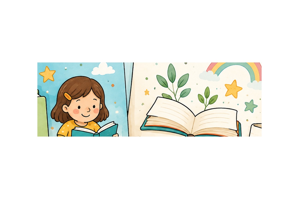Illustration: Kind liest ein Buch neben einem geöffneten Bilderbuch – passend zum kostenlosen Lesefördermaterial