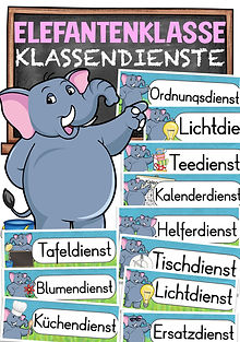 Klassendienste für die Elefantenklasse in der Grundschule Tafelmaterial / Tafeltransparenz für Hilfedienste in der ersten, zweiten und dritten Klasse mit dem Klassenmaskottchen Elefant