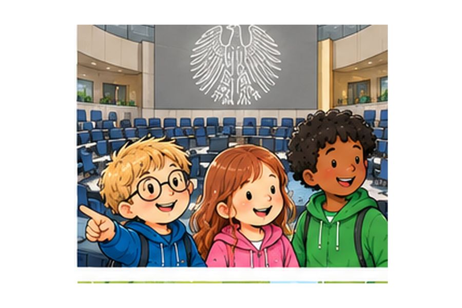 Illustration: Kinder entdecken einen Plenarsaal – passend zu „Im Landtag ist was los!“