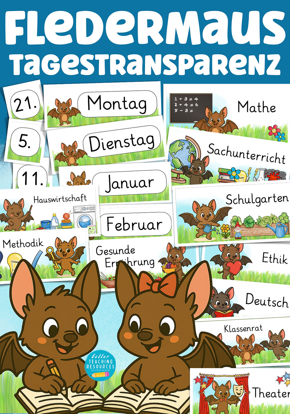 Fledermausklasse Tagestransparenz Grundschule Fledermaus – Karten  für die 1. Klasse  Classroom Management Material PDF