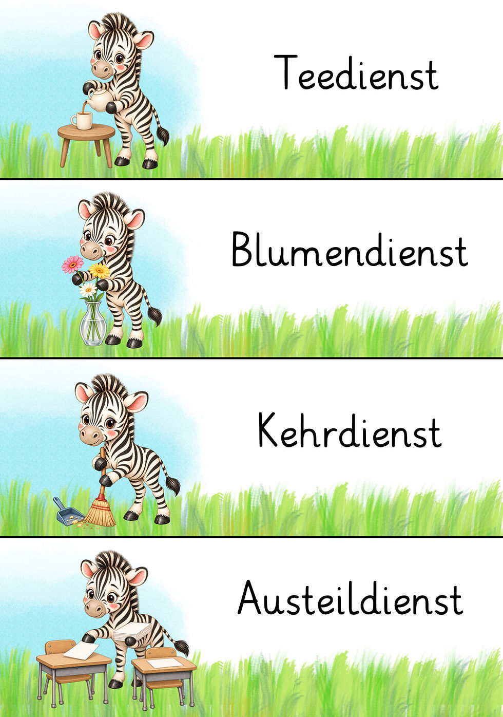 Vier Dienstkarten der Zebraklasse: Teedienst, Blumendienst, Kehrdienst und Austeildienst.
