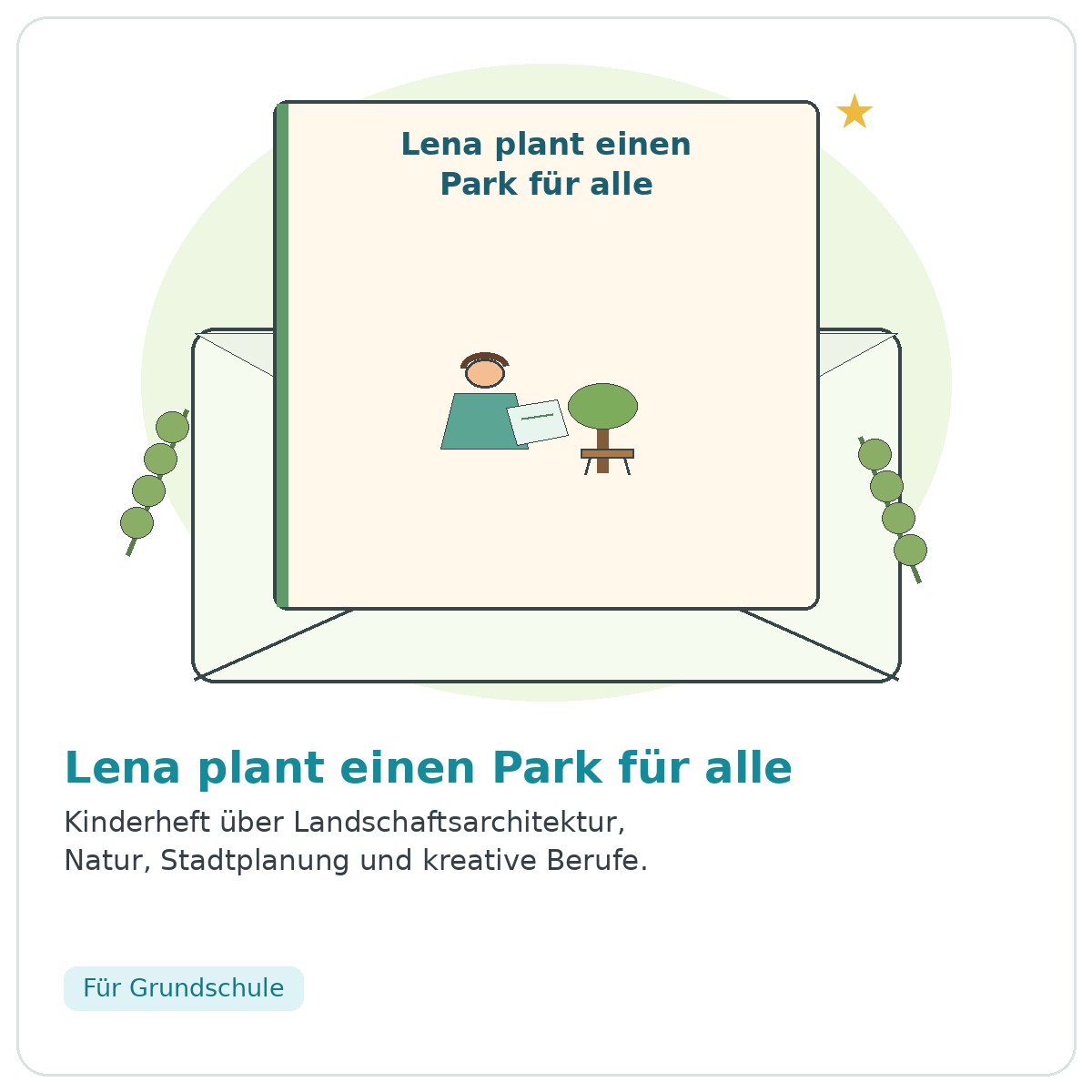 Illustration zu Lena plant einen Park für alle mit Planerin, Baum und Parkbank – Kinderheft über Landschaftsarchitektur und Stadtplanung