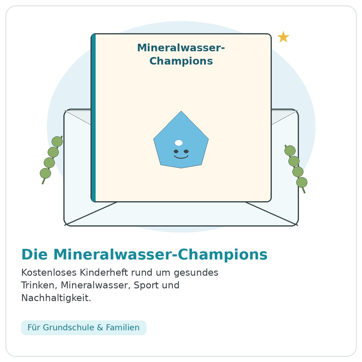 Illustration zu den Mineralwasser-Champions mit Wassertropfen – kostenloses Kinderheft zu gesundem Trinken und Mineralwasser