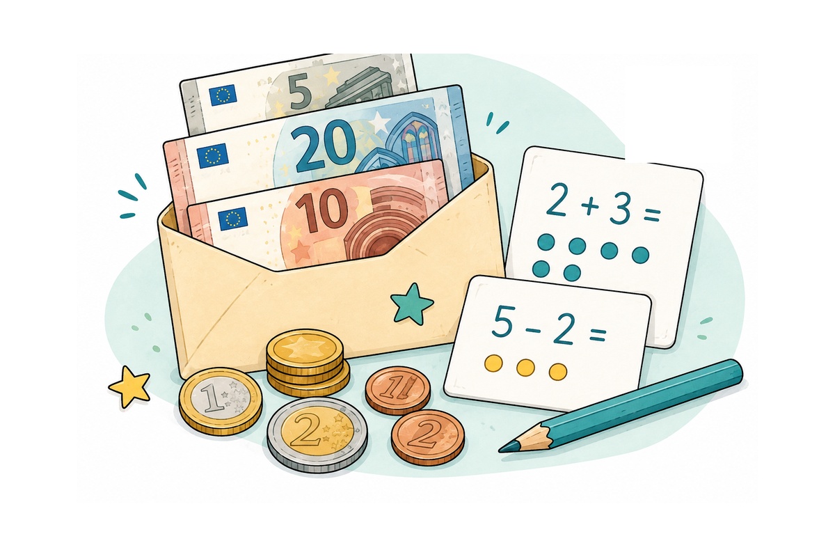 Illustration: Euro-Spielgeld, Münzen und einfache Rechenaufgaben – passend zum kostenlosen Spiel- und Rechengeld