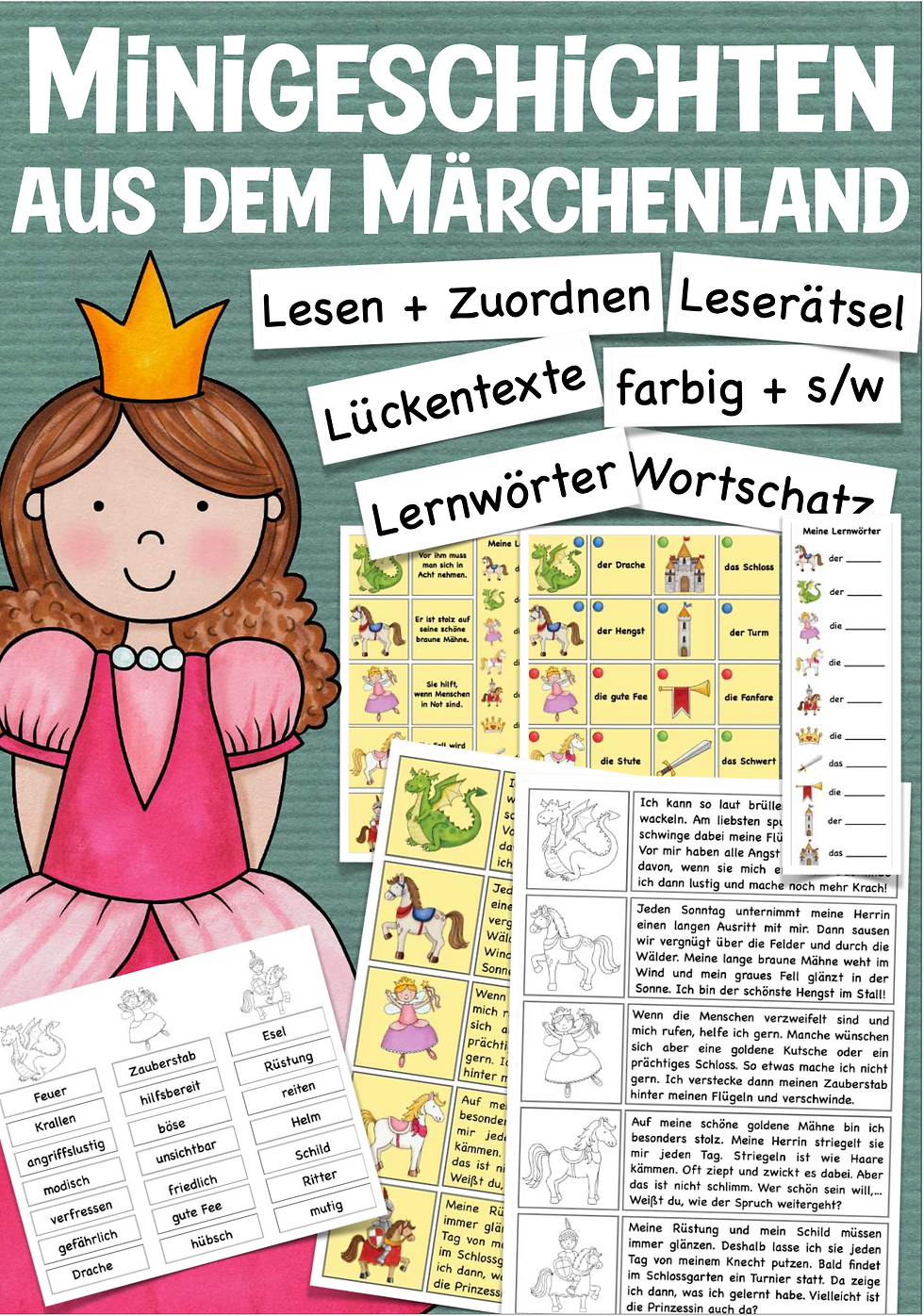 „Minigeschichten aus dem Märchenland“ mit einer Prinzessin und Vorschauen auf Lesetexte, Bild-Wort-Karten und Wortschatzaufga