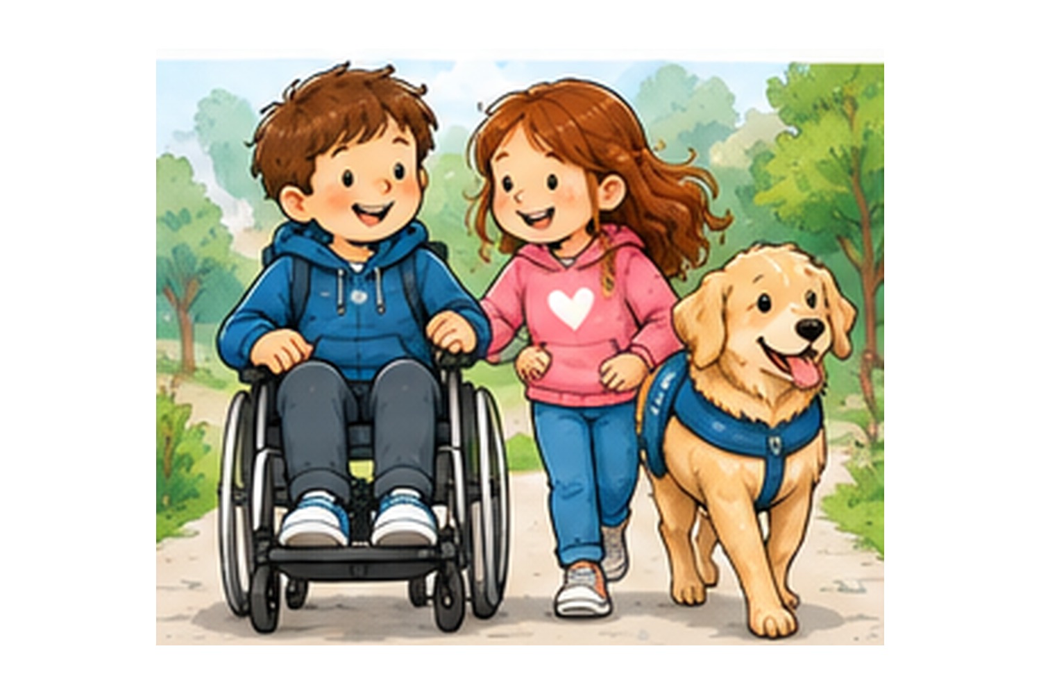 Illustration: Kinder gestalten gemeinsam etwas und beziehen ein Kind im Rollstuhl selbstverständlich ein – passend zu „Alle machen mit!“