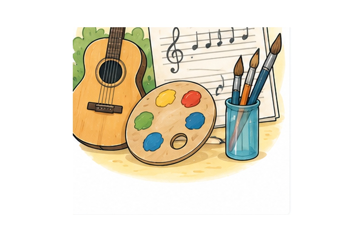 Illustration: Gitarre, Farbpalette, Pinsel und Notenblatt – passend zum Pixi-Buch „Kunst ist für alle da!“
