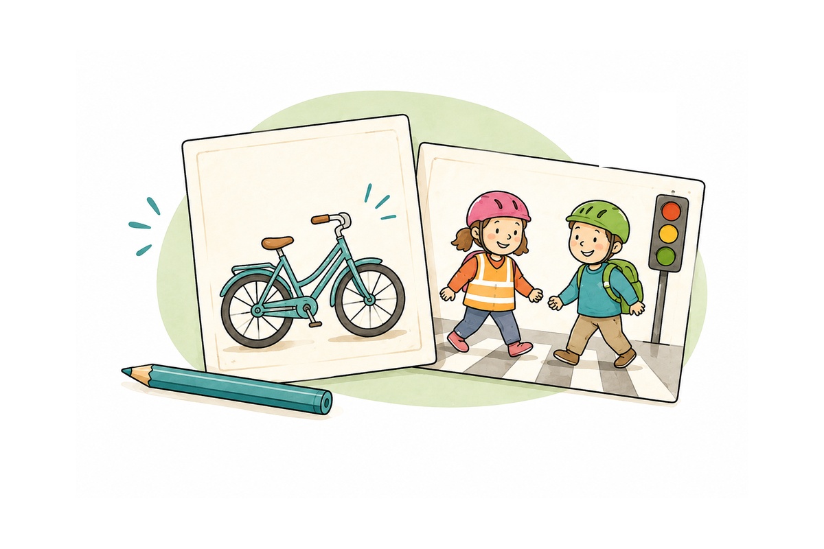 Illustration: verkehrssicheres Fahrrad und Kinder am Zebrastreifen – passend zur kostenlosen Verkehrssicherheits-Postkarte