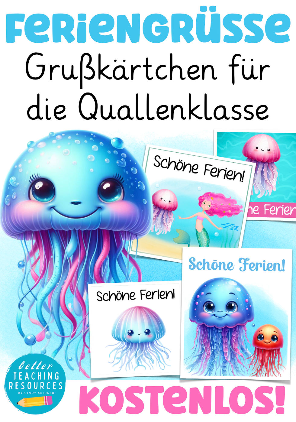 Quallenklasse Feriengrüße – kostenlose Vorlage Klassentier Qualle Klassenmaskottchen Material Grundschule PDF gratis