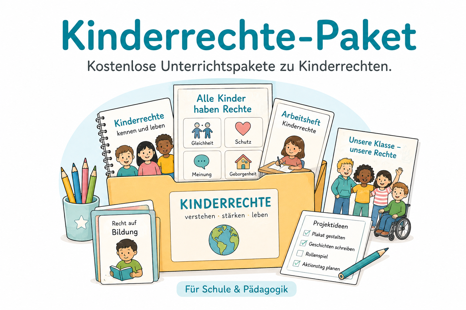 Illustration eines Kinderrechte-Unterrichtspakets mit Arbeitsheften, Karten und Projektmaterial für die Grundschule