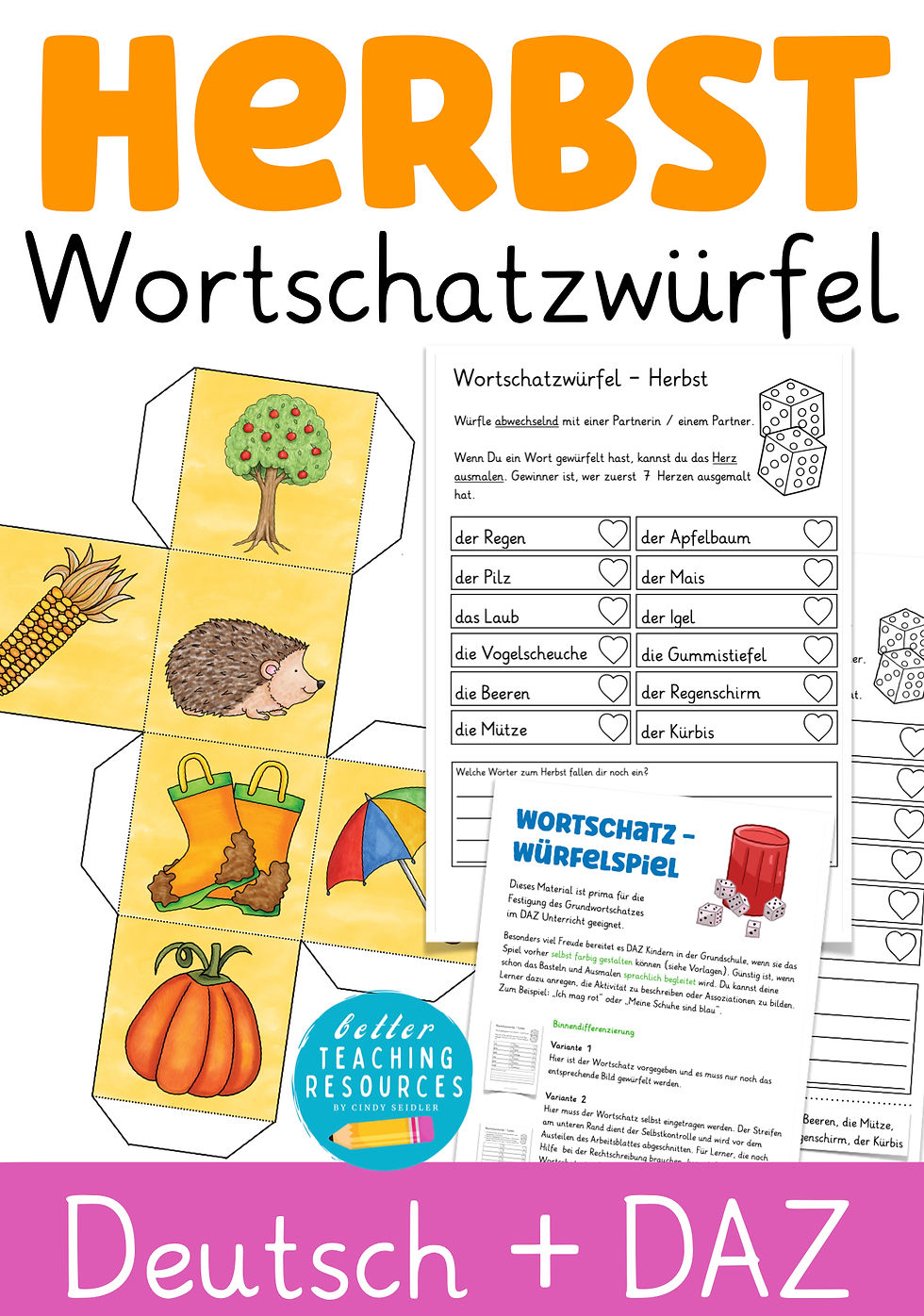 Herbst Wortschatz Würfelspiel Bastelvorlage Deutsch + Deutsch als Zweitsprache Grundschule Unterrichtsmaterial PDF