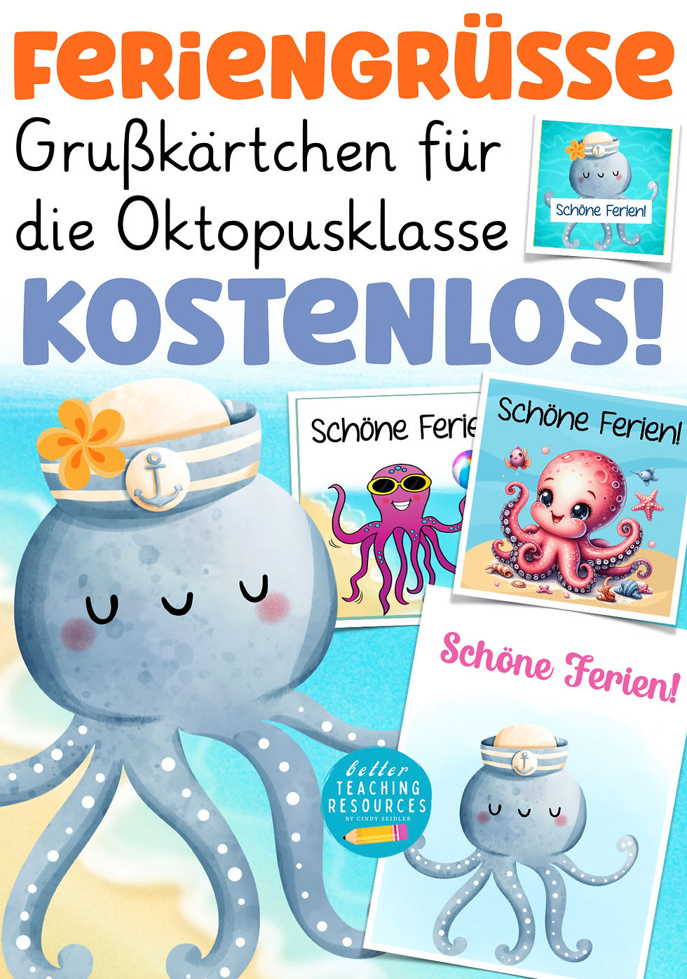 Oktopusklasse Feriengrüße – kostenlose Vorlage Klassentier Oktopus I Krakenklasse Klassenmaskottchen Grundschule