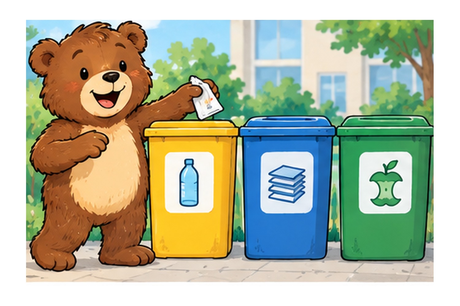 Illustration: freundlicher Bär beim Mülltrennen mit verschiedenfarbigen Tonnen – passend zur TRENN-BÄR-Box