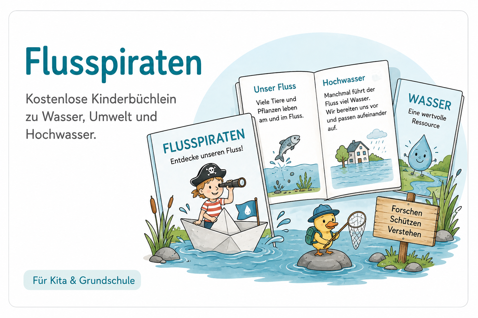 Illustration zu den Flusspiraten mit Wasser, Fluss und Hochwasser – kostenlose Kinderbüchlein