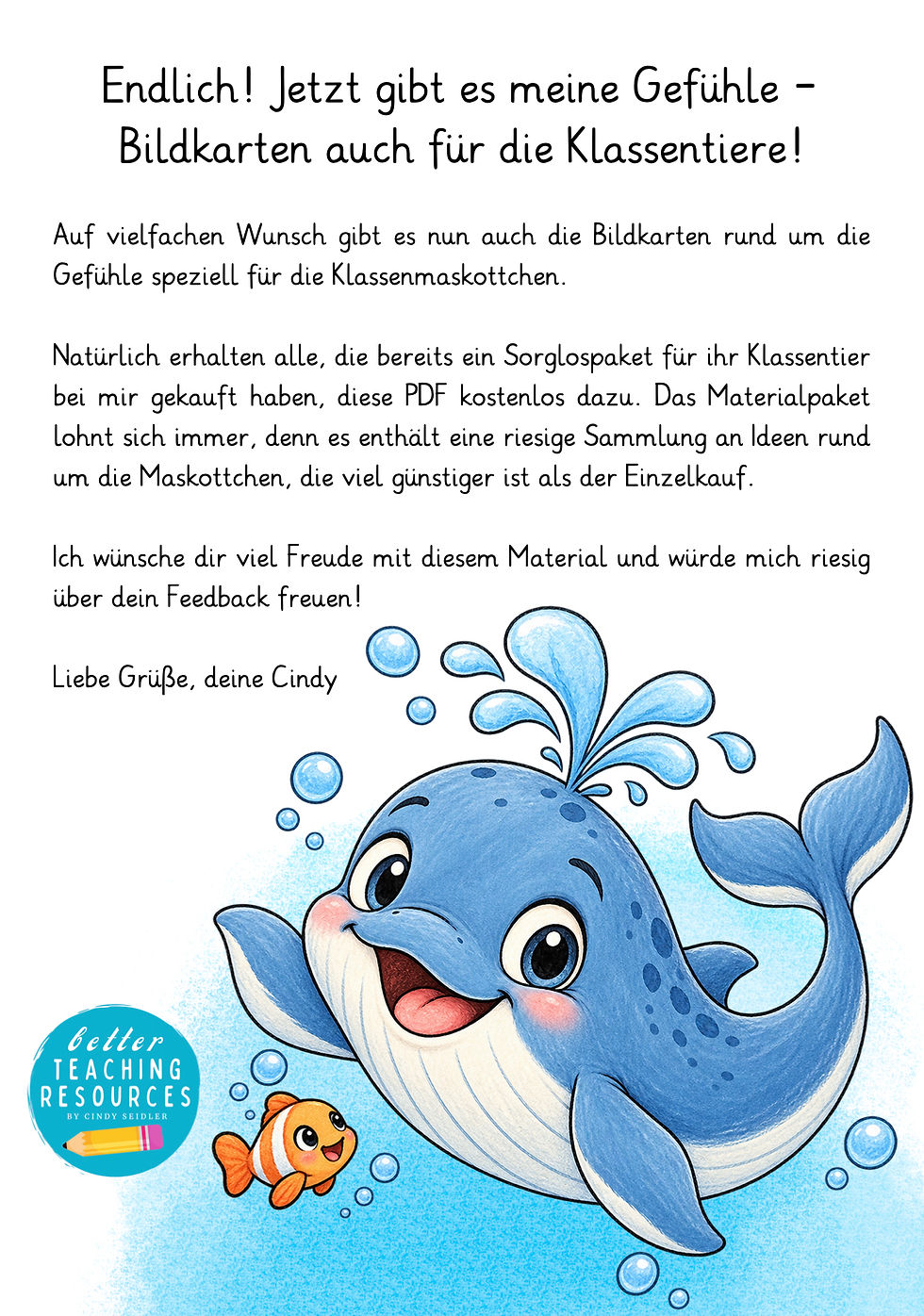Vorschau der Gefühle-Bildkarten für die Walklasse mit Klassentier Wal