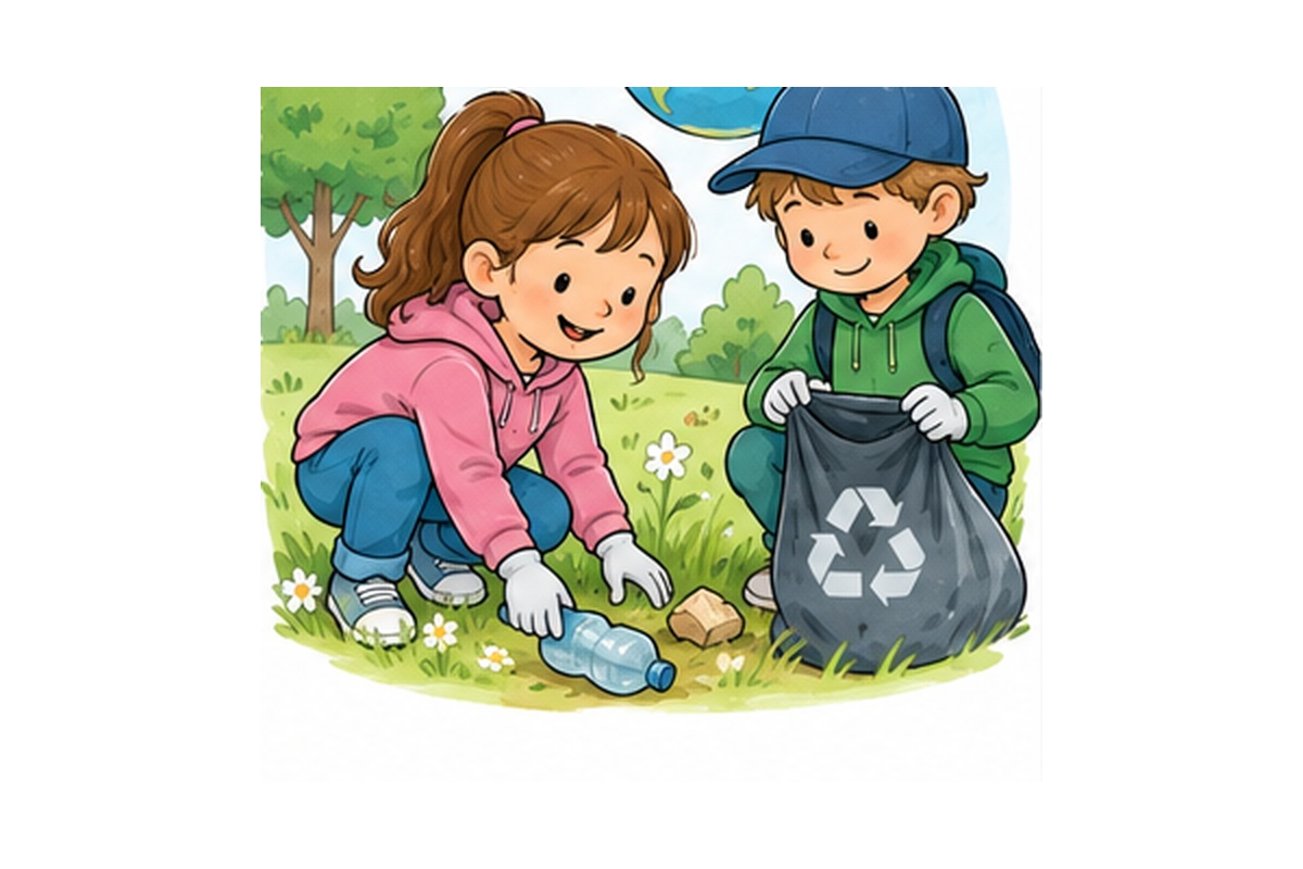 Illustration: Kinder sammeln gemeinsam Müll im Park – passend zum Thema Ehrenamt und Engagement