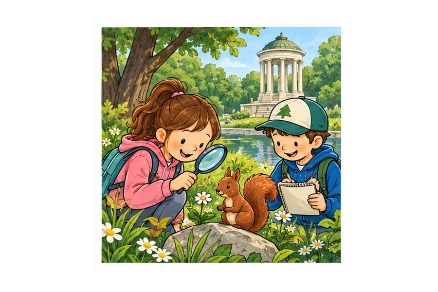 Illustration: Kinder entdecken Tiere und Pflanzen in einem historischen Park – passend zu „Fanny, Feodor und der fabelhafte Park“