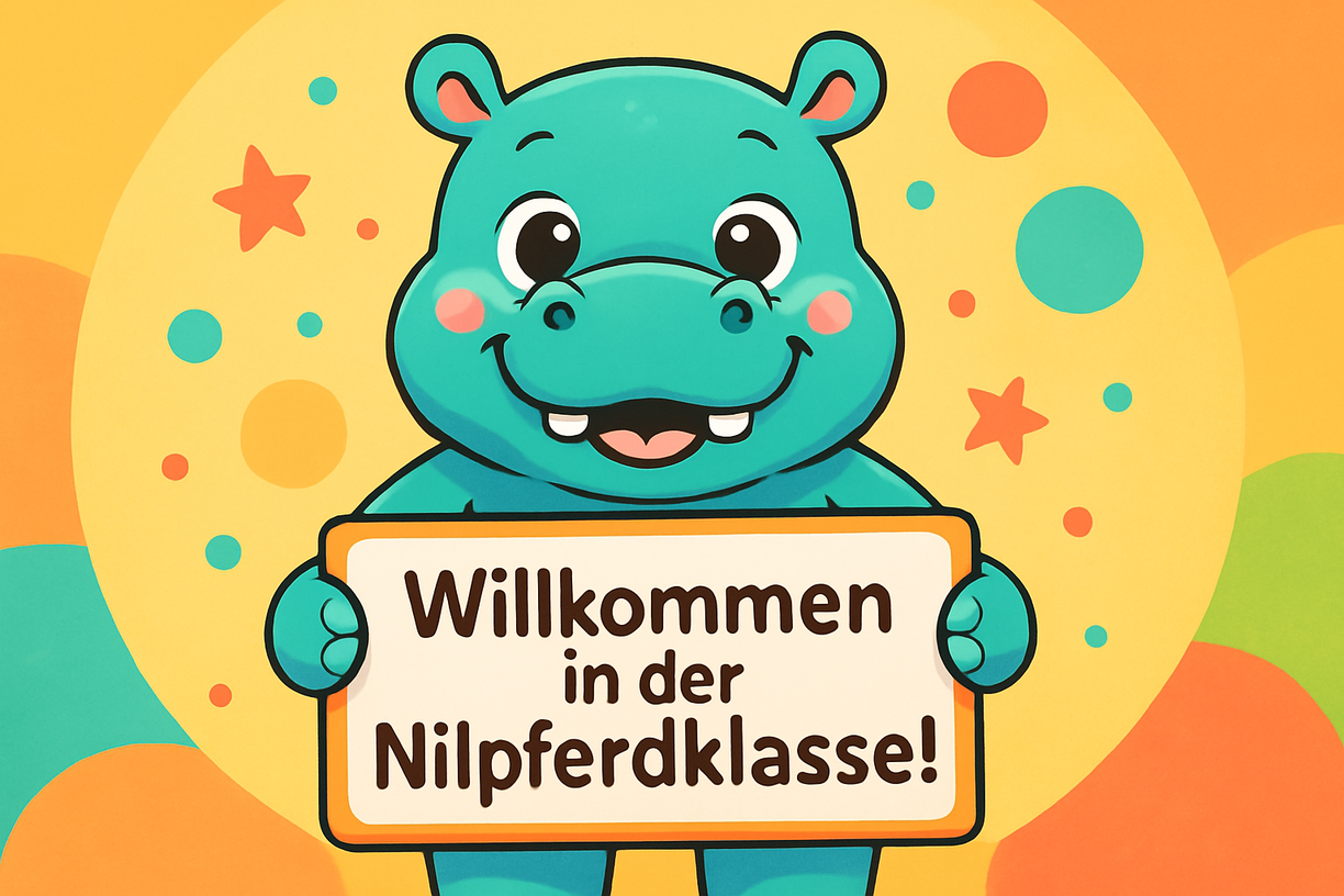 Türschild für die Nilpferdklasse mit Klassentier Nilpferd zum Schulanfang
