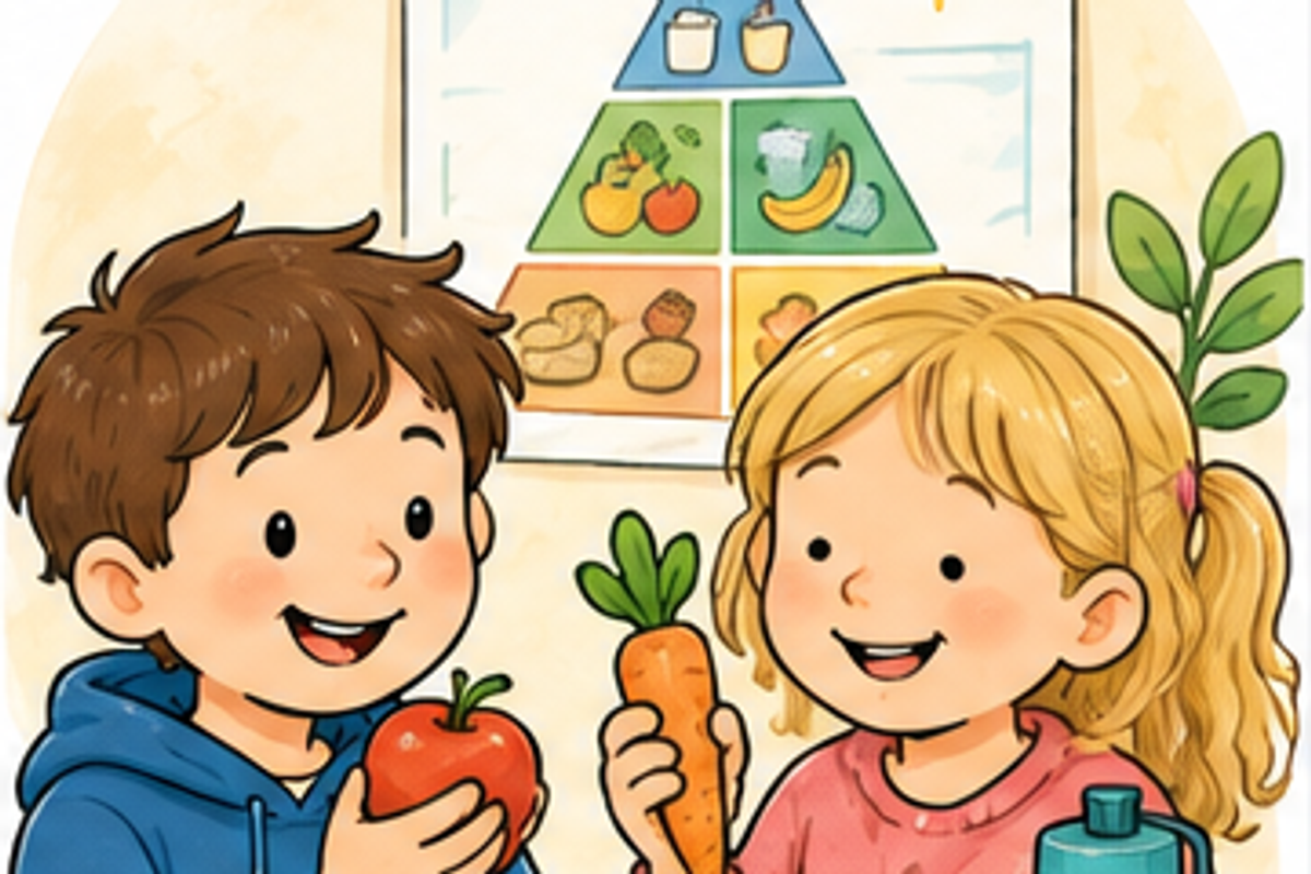 Illustration: Kind mit Gemüse, Obst, Brotdose und Wasserflasche – passend zu „Nico macht sich gesund“