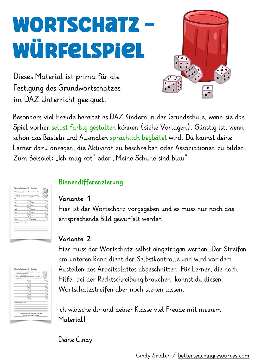 Herbst Wortschatz Würfelspiel Bastelvorlage Deutsch + Deutsch als Zweitsprache Grundschule Unterrichtsmaterial PDF