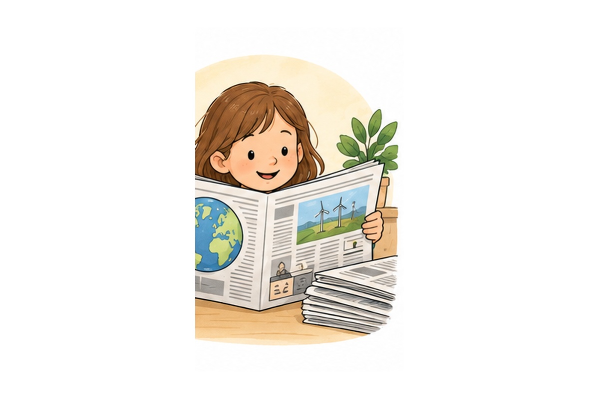 Illustration: Kind liest öffentliche Informationen in einer Zeitung – passend zu „Was ist Informationsfreiheit?“