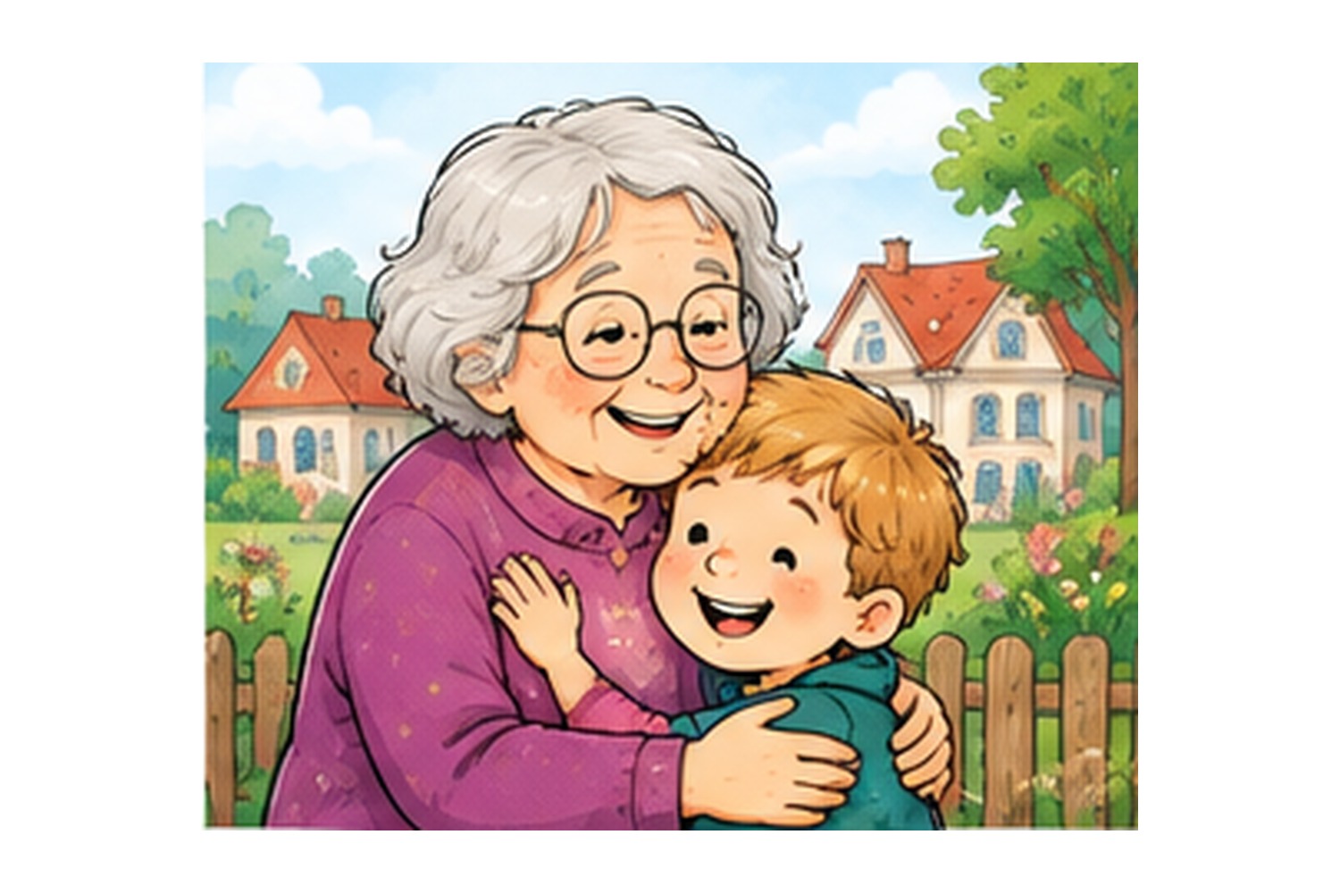 Illustration: Kind betrachtet mit seiner Oma alte Erinnerungsfotos – passend zu „Lilli und ihre vergessliche Oma“