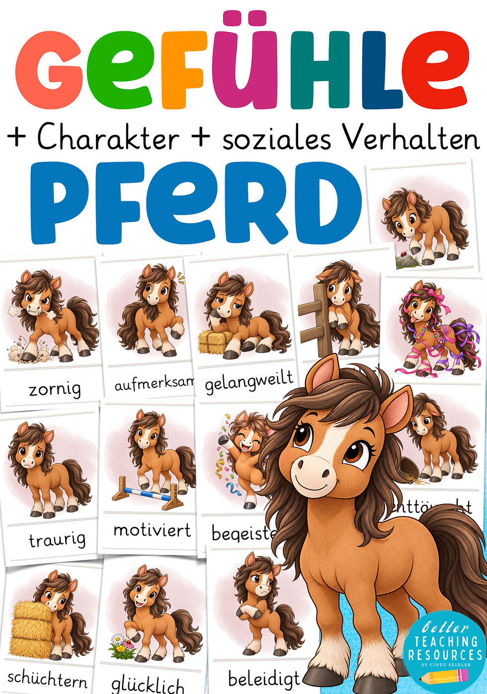 Gefühlskarten für die Pferdeklasse mit Pferdemotiven zu Gefühlen und sozialem Verhalten.