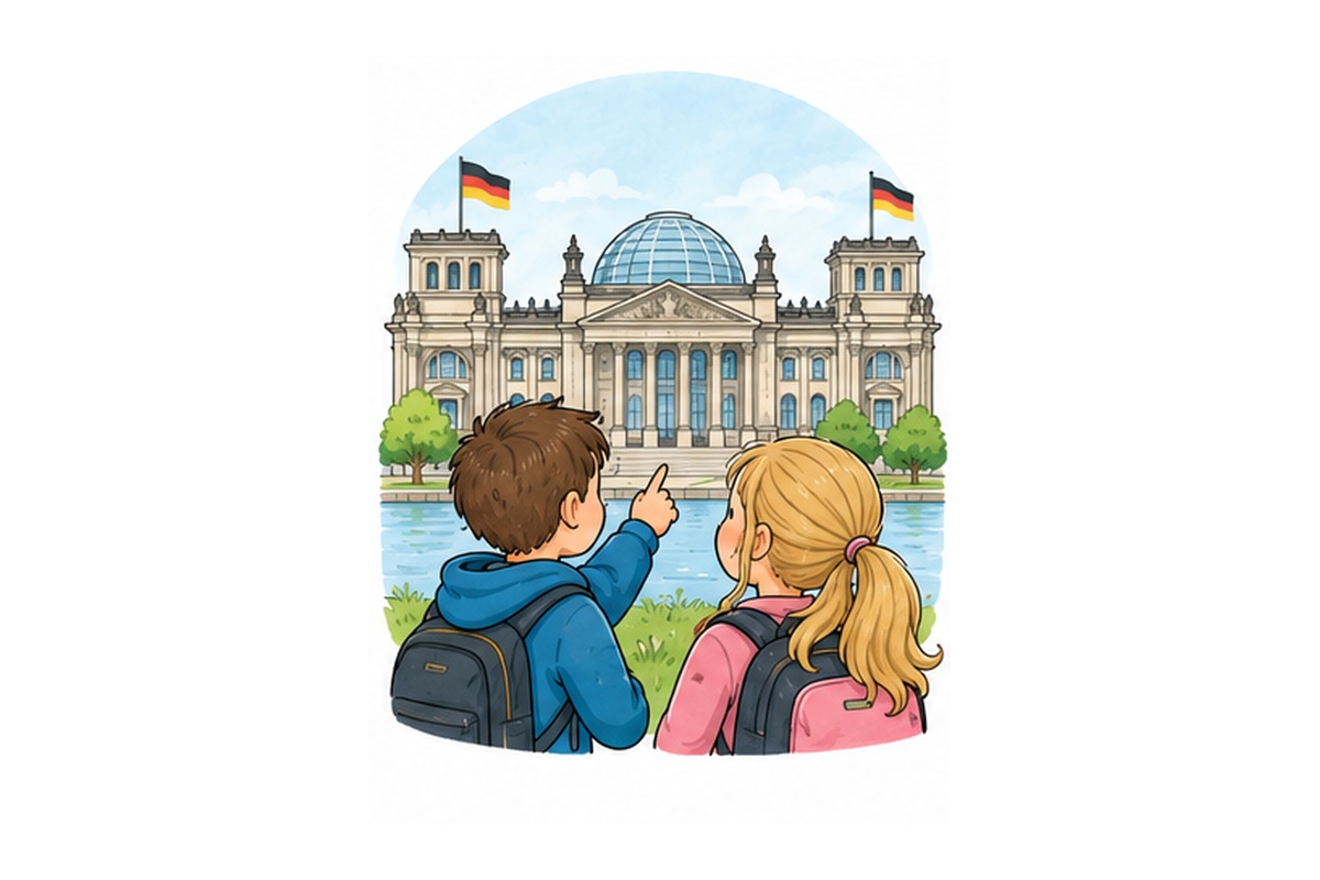 Illustration: Kinder vor einem Parlamentsgebäude – passend zum Thema Abgeordnete und politische Mitbestimmung