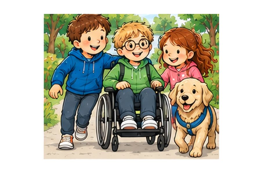 Illustration: drei Kinder sind gemeinsam im Park unterwegs, eines nutzt einen Rollstuhl – passend zu „Nur mit euch BEIDEN!“