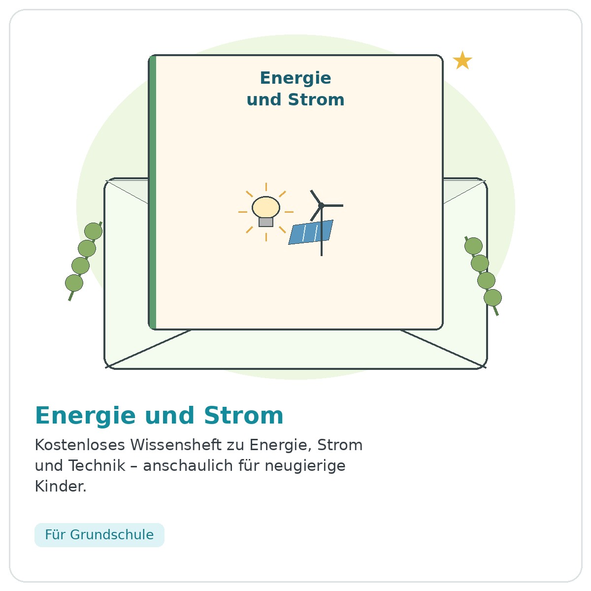 Illustration zu Energie und Strom mit Glühbirne, Solarpanel und Windrad – kostenloses Wissensheft für Kinder