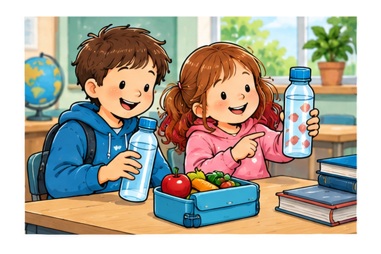 Illustration: Kind trinkt Wasser am Schultisch – passend zu kostenlosen Printmaterialien zum Trinken im Unterricht