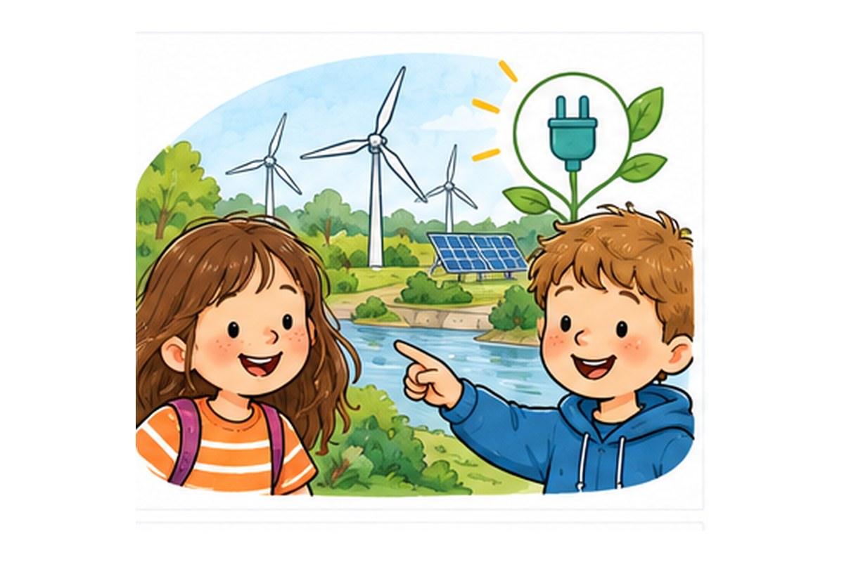 Illustration: Kinder entdecken Windkraft, Solarenergie und Wasserkraft – passend zu „Frieda & Falco unterwegs mit dem Strom“