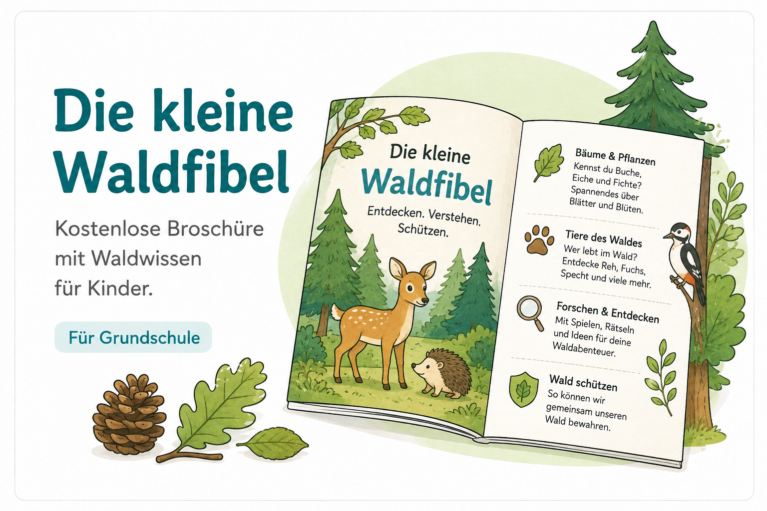 Illustration zur kleinen Waldfibel mit Wald, Bäumen und Waldtieren – kostenlose Broschüre für Kinder