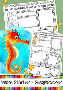 Meine Stärken - Arbeitsblätter kreatives Schreiben Deutsch in der Grundschule Klassentier Seepferdchen