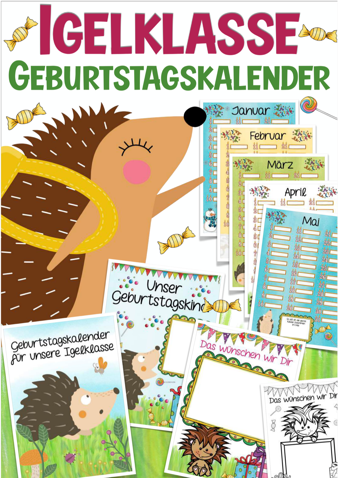 Igelklasse Geburtstagskalender Klassentier Igel Vorlage für die Grundschule Klassenmaskottchen
