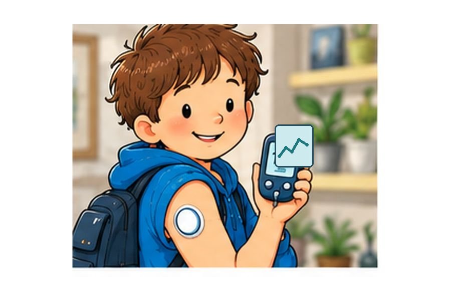 Illustration: Kind mit Glukosesensor am Arm und Messgerät – passend zum Pixi-Buch „Finn hat Diabetes“