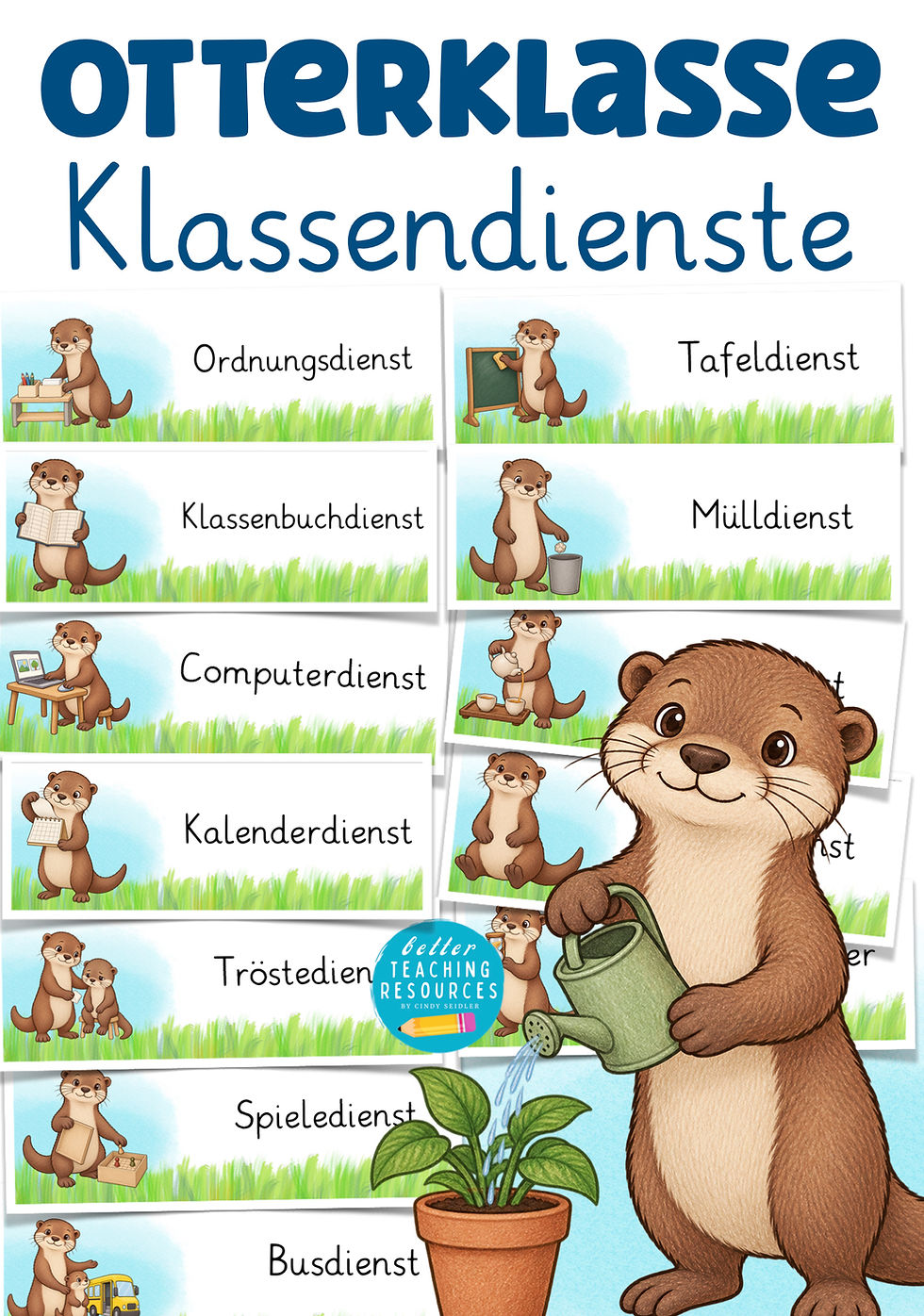 Titelbild „Otterklasse – Klassendienste“ mit farbigen Dienstkarten und braunen Ottern; ein Otter gießt die pflanze